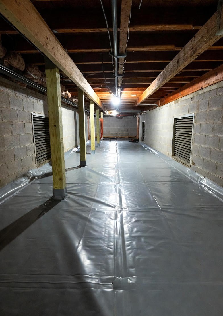 Clean encapsulated crawl space with vapor barrier